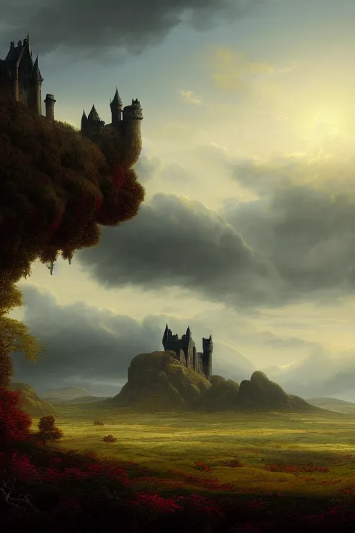 Image similar to a beautiful digital illustration painting of a detailed gothic fantasy endless plains of scottish highlands with castle in the distance, by benoit b. mandelbrot, steven belledin, martin johnson heade, lee madgwick, caspar david friedrich, and david rios ferreira. 8 k resolution trending on artstation concept art digital illustration