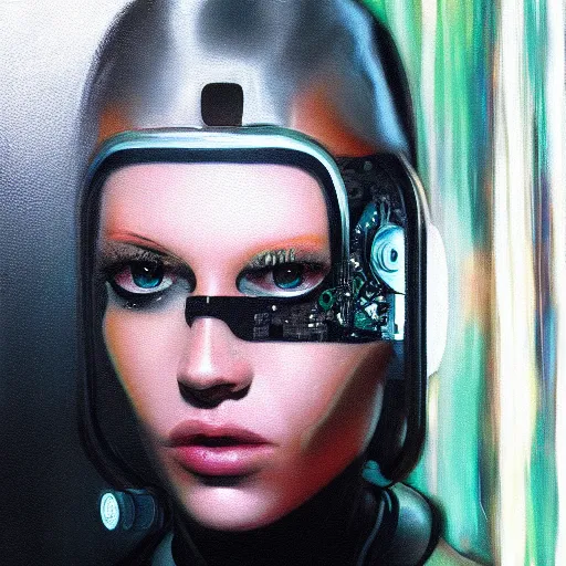 Prompt: hyperrealism oil painting portrait of cyberpunk cyborg fashion model with glowing eyes