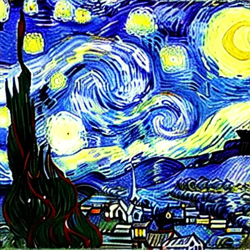 Image similar to the starry night where white is black and blue, very detailed, landscape-H 768