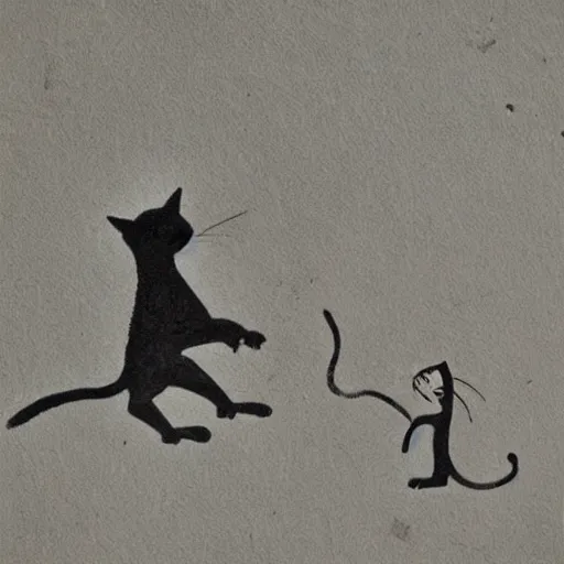 Prompt: pre-historic cave painting of a cat playing with a mouse