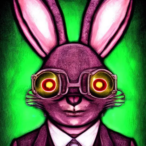 Image similar to a detailed portrait of a creepy bunny wearing an anonymous mask dressed in a suit having neon eyes, epic, cinematic, very detailed, creepy, horror, dreamscape, hdr, dark, shadows