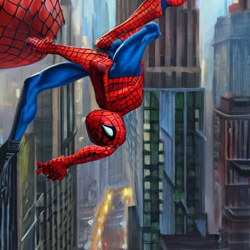 Prompt: oil painting of spiderman swinging through new york city buildings. far away, from behind, epic, sense of motion, motion blur, artstation, artgerm