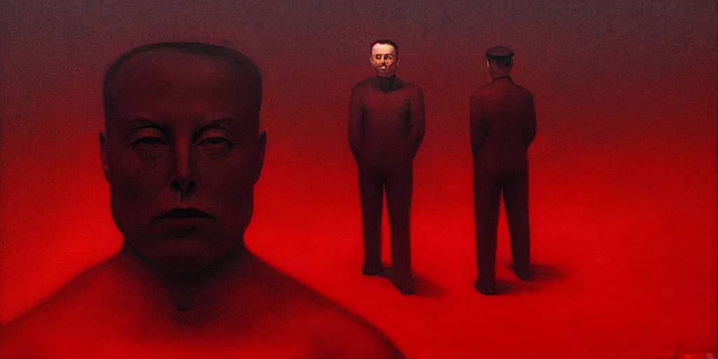 Prompt: elon musk totalitarian dictator in the style of beksinski, parts by edward hopper, parts by rodcenko, parts by yue minjun, intricate and epic composition, red by caravaggio, insanely quality, highly detailed, masterpiece, red light, war propaganda, artstation, 4 k