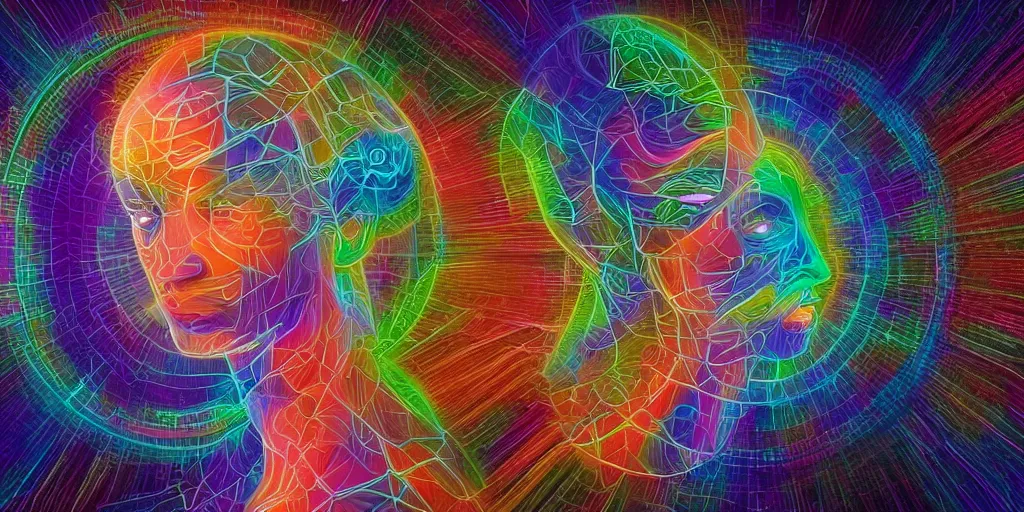 Image similar to trasnformation into transcendence into collaborative intelligence, endless collaboration with ai, connectedness, body, by alex grey, album cover, award winning, beautiful, colorful, volumetric lighting, trending on artstation, cinematic