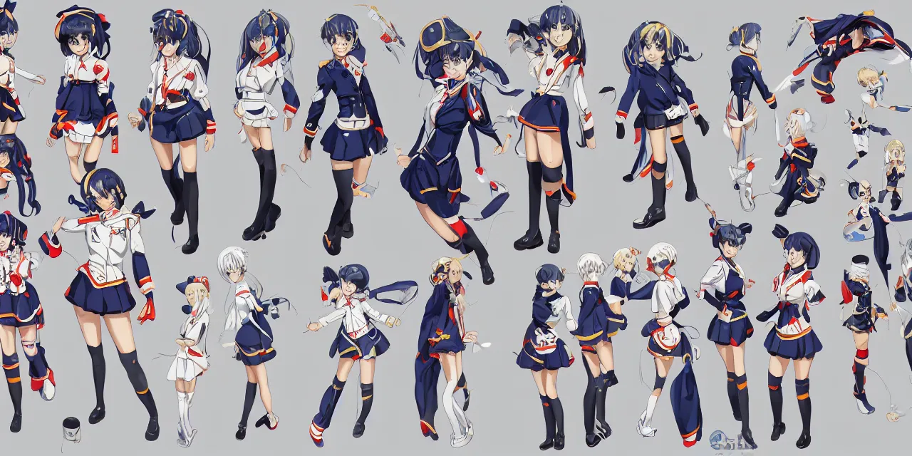 Prompt: sailor suit, costume, anime, game, character concept, characters reference sheet, high quality, ultra detailed, full body, trending on ArtStation, digital art, concept art