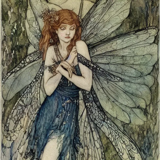 Image similar to a detailed, intricate watercolor and ink portrait illustration with fine lines of young 1 4 year old scarlett johannson as a fairy with dragonfly wings wearing a peasant dress, by arthur rackham and edmund dulac and lisbeth zwerger