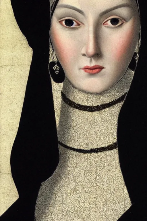 Image similar to hyper - realistic close - up portrait of a medieval woman, pale skin, in a black silk robe, in the сaravaggio style