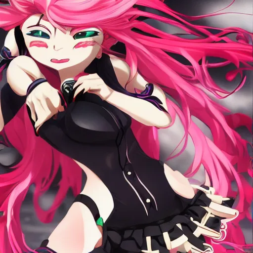 Image similar to stunningly beautiful omnipotent megalomaniacal anime goddess who looks like junko enoshima, symmetrical perfect face smiling in a twisted, mischievous, devious and haughty way while looking down upon the viewer and taking control, mid view from below her feet, hyperdetailed, 2 d, 8 k