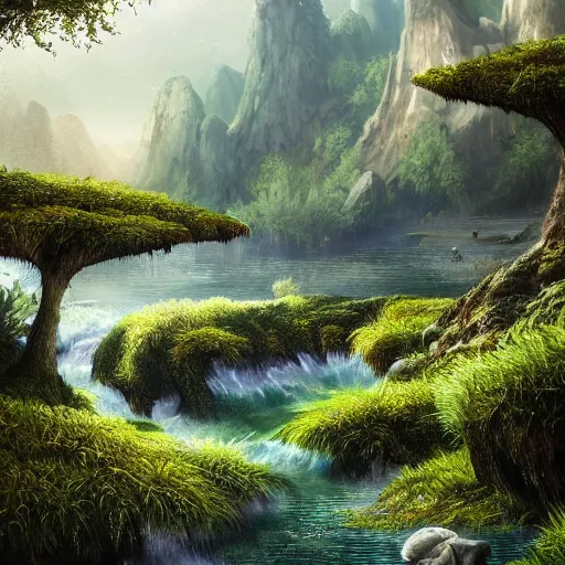 Image similar to painting of a lush natural scene on an alien planet by vincent bons. ultra sharp high quality digital render. detailed. beautiful landscape. weird vegetation. water.