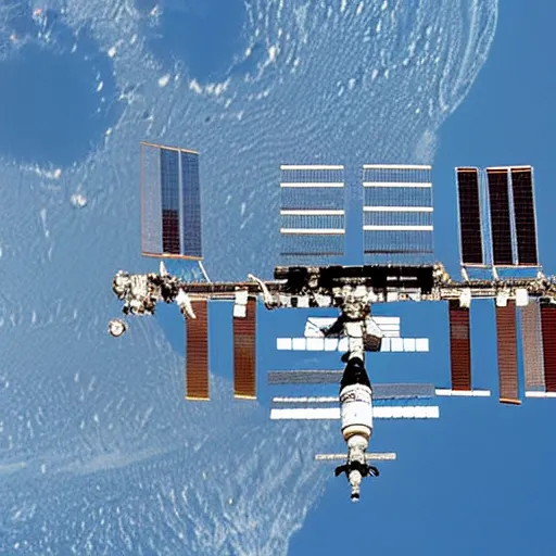 Image similar to close up focus shot of international space station ( iss ) with russian mir and salyut attached, spaceshuttle is ready for docking, apollo saturn v flying by