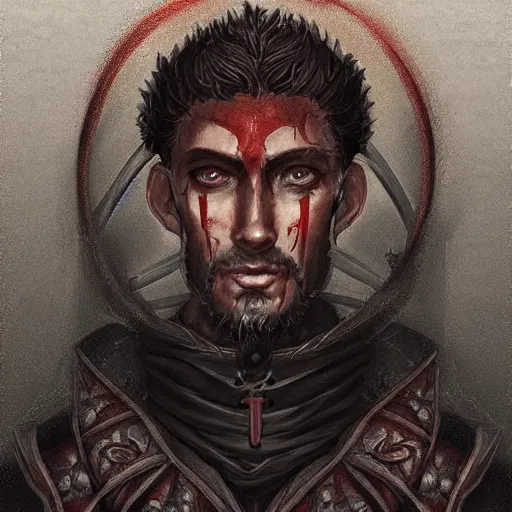 Prompt: portrait of a handsome Catholic priest with red eyes, dark, intricate details, highly detailed, concept art, digital painting, trending on artstation, award-winning. Art by Loran DeSore and Merwild