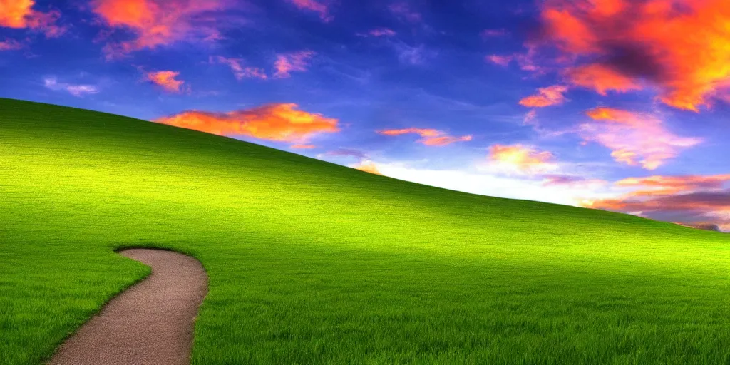 Image similar to a highly detailed 4 k photograph of the windows xp bliss wallpaper with white pathway leading to the glowing pearly gates - winning photoshop creation. h 5 7 6