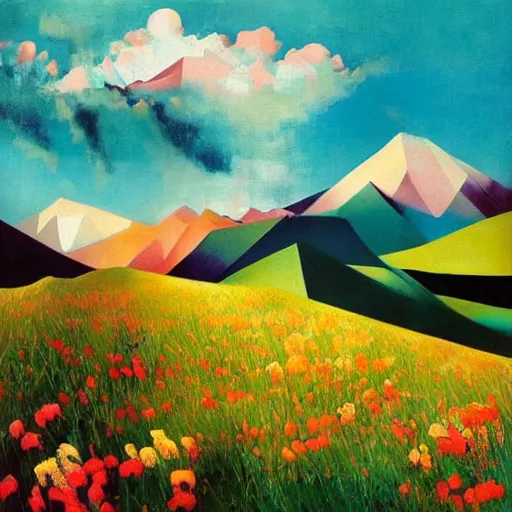 Image similar to mountain landscape in spring, flowers, teal landscape, dreamy light, sunny complementary palette, by and jacek yerga and tamara de lempicka and jesse king, pop surrealist, wiccan