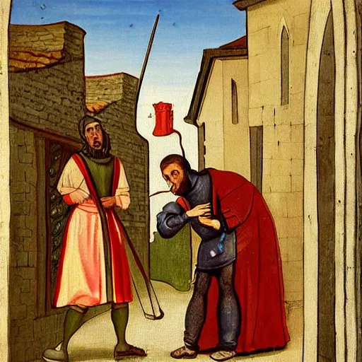 Prompt: a medival painting of a begger begging with a rich man on the streets of a medival town.