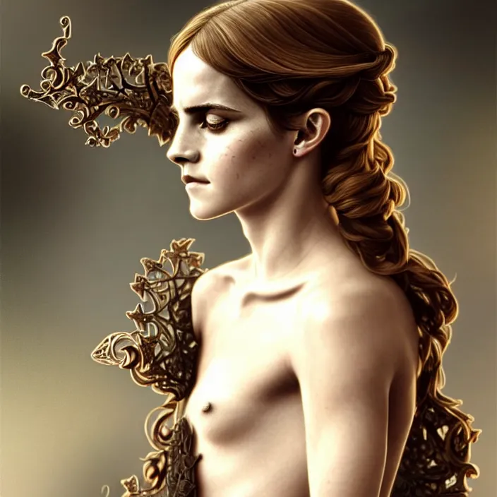 Image similar to ancient high queen emma watson, symetrical, diffuse lighting, fantasy, intricate, elegant, highly detailed, lifelike, photorealistic, digital painting, artstation, illustration, concept art, 4 k, smooth, sharp focus, art by john collier and albert aublet and krenz cushart and artem demura and alphonse mucha