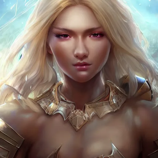 Prompt: realistic beautiful gorgeous natural cute fantasy badass epic paladin knight tanned skin tribal girl white blonde hair beautiful eyes art drawn full HD 4K highest quality in artstyle by professional artists WLOP, Taejune Kim, JeonSeok Lee, ArtGerm, Ross draws, Zeronis, Chengwei Pan on Artstation