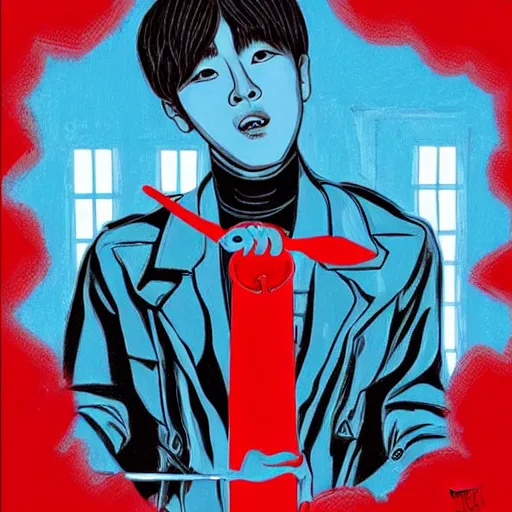 Image similar to kim kibum from shinee using a skeleton key to unlock his red front door, in the art style of alex gross