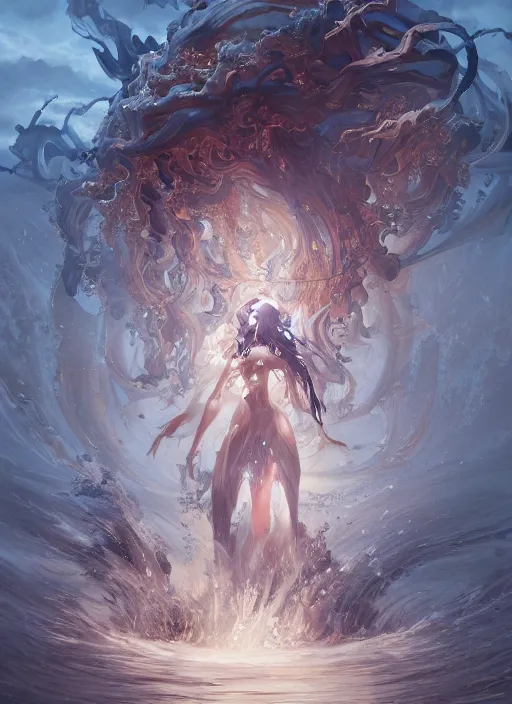 Image similar to high intricate fluid water demons, maria panfilova, andrea savchenko, mike kime, ludovic plouffe, qi sheng luo, oliver cook, makoto shinkai, trending on artstation