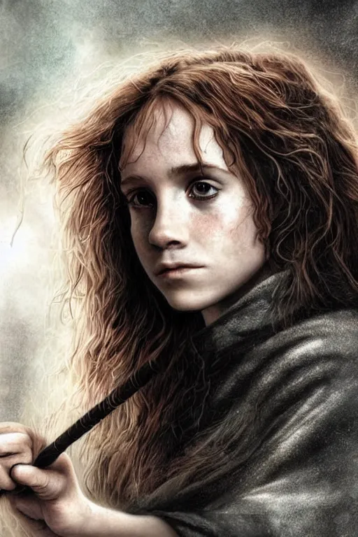 Prompt: dressed Hermione Granger in tattoos with a magic wand, by luis royo, beautiful eyes, top cinematic lighting, cinematic mood, hyperrealism, high detail