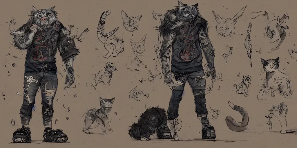 Prompt: tattooed cat, wearing scratched and ripped leather shorts and a short jacket full of stamps and stitches, character sheet, fine details, concept design, contrast, kim jung gi, greg rutkowski, trending on artstation, 8 k, full body, turnaround, front view, back view, ultra wide angle