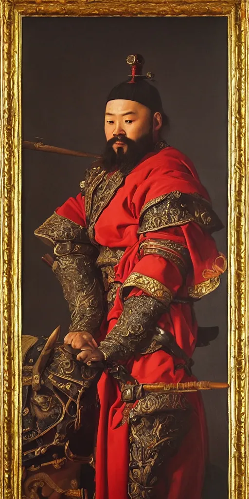 Image similar to Highly detailed and cinematic Renaissance period portrait oil painting Kublai Khan, an oil painting ((masterpiece)) by ((Josep Tapiró Baró)), dynamic lighting, 8K