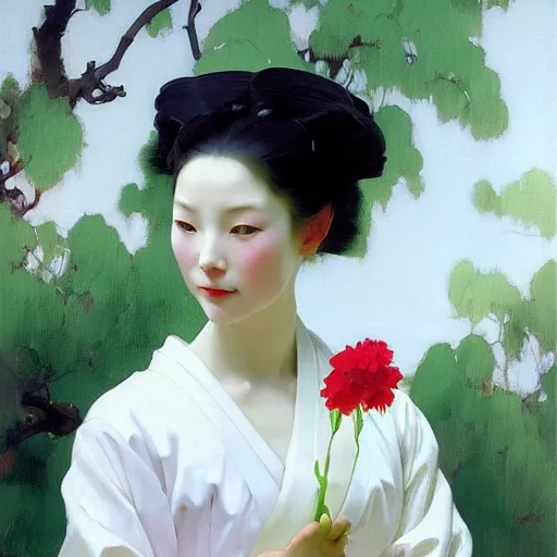 Image similar to yanjun cheng portrait of a beautiful geisha android holding flowers by norman rockwell, bouguereau