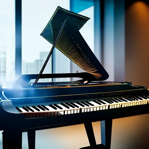 Image similar to a cyborg playing the piano in a futuristic apartment, award winning art, 4k, highly detailed, sharp focus, cinematic lighting, smooth