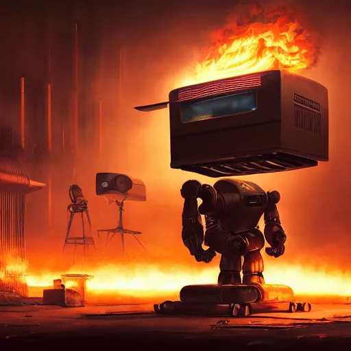 Image similar to toaster oven robot, mechanical, machine, octane render, sharp focus, hyper - realistic, intricate, detailed, eduard pronin, luka mivsek, ruan jia, dark messy smoke - filled cluttered workshop, dark, dramatic lighting, orange tint, sparks, cinematic, highly detailed, sci - fi, futuristic, movie still