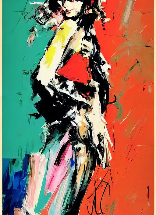 Image similar to Fashion model girl by Ashley Wood, Yoji Shinkawa, Jamie Hewlett, 60's French movie poster, French Impressionism, vivid colors, palette knife and brush strokes, Dutch tilt