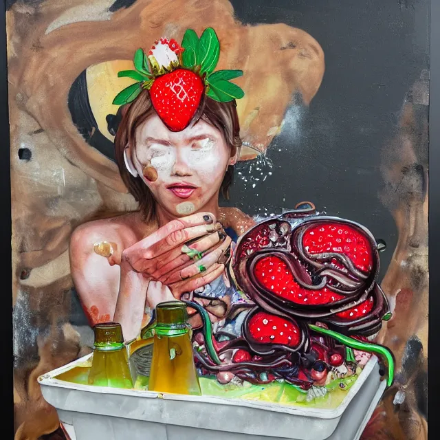 Image similar to a portrait in a dumpster, a woman holding pancakes, honey dripping, berries dripping, strawberries, scientific instruments, ikebana, octopus, neo - expressionism, surrealism, acrylic and spray paint and oilstick on canvas