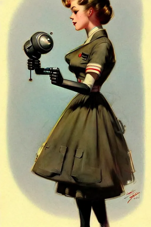 Image similar to ( ( ( ( ( 1 9 5 0 s retro future robot android maid. muted colors. ) ) ) ) ) by jean - baptiste monge!!!!!!!!!!!!!!!!!!!!!!!!!!!!!!