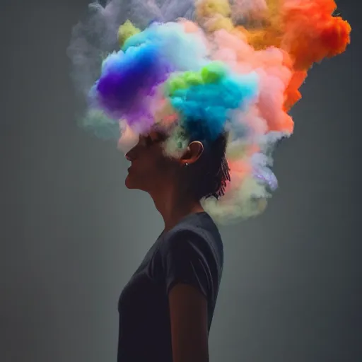 Prompt: woman made from coloured clouds and smoke, studio photo on a black background