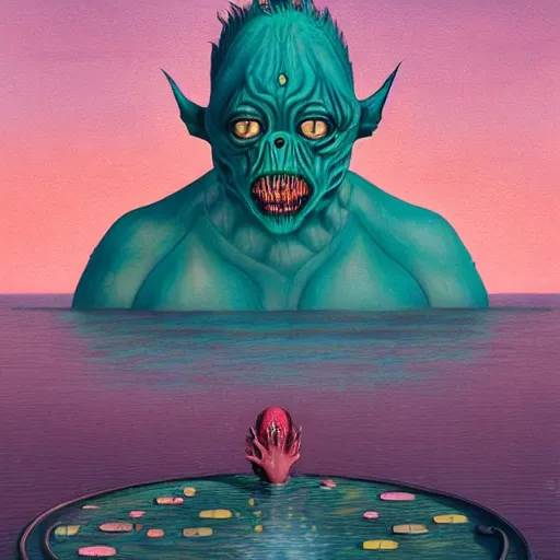 Image similar to monster coming out of a dark lagoon:: by Martine Johanna and Simon Stålenhag and Chie Yoshii and Casey Weldon and Guillermo del toro :: dynamic, particulate, pastel colors, intricate, elegant, highly detailed, centered, artstation, smooth, sharp focus, octane render, 3d