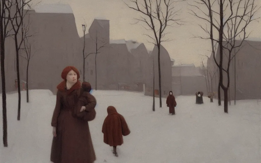 Image similar to a painting of sad little redhead lady in a winter street in norway, oil on canvas, by hammershoi
