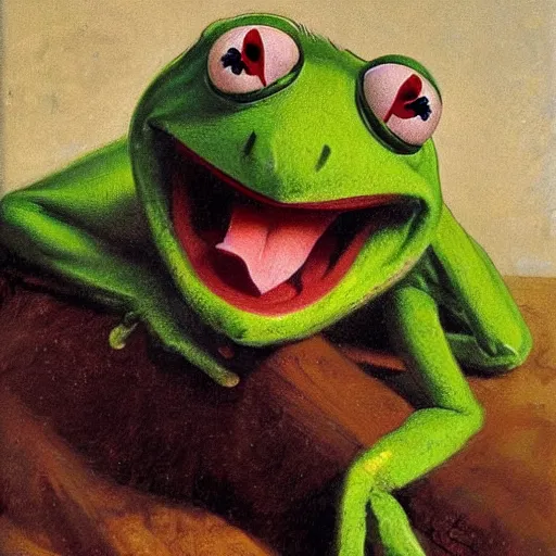 Image similar to portrait of kermit the frog by theodore ralli and nasreddine dinet and anders zorn and nikolay makovsky and edwin longsden long