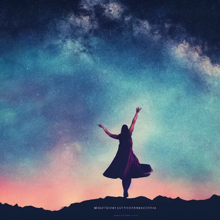 Image similar to album cover with text kosmichna vystava, a beautiful landscape of a starry sky with an beautiful woman waving to the horizon, cinematic, dramatic, color grading, photojournalism, colorful, highly detailed