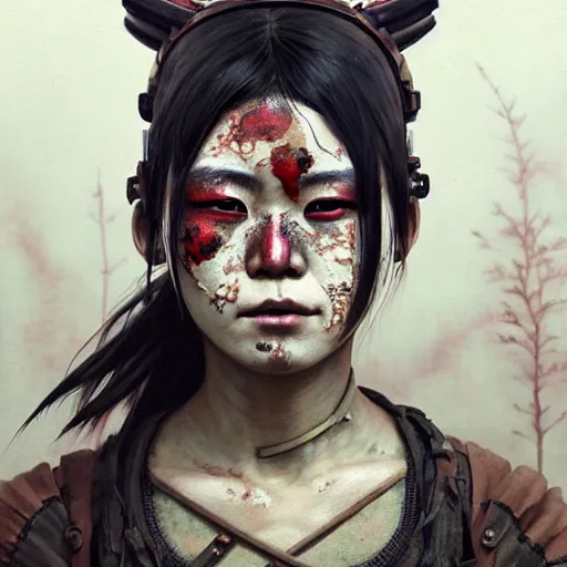 Image similar to portrait painting of a post - apocalyptic japanese lady with warpaint on her face wearing rusty samurai armor, ultra realistic, concept art, intricate details, eerie, highly detailed, photorealistic, octane render, 8 k, unreal engine. art by artgerm and greg rutkowski and charlie bowater and magali villeneuve and alphonse mucha