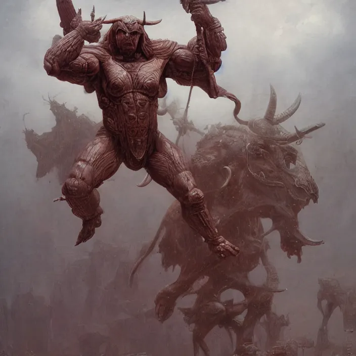 Prompt: minotaur in ancient armor, muscular body, beksinski, wayne barlowe, adrian smith fantasy art, ruan jia, trending on artstation