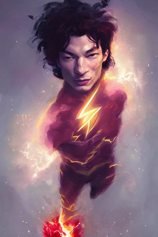 Prompt: ezra miller as flash eating popcorn, ethereal fantasy art by greg rutkowski