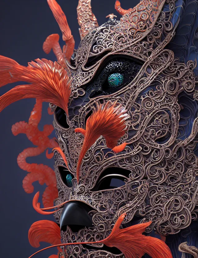 Image similar to 3 d demon in venetian mask close - up profile portrait. beautiful intricately detailed japanese crow kitsune mask and clasical japanese kimono. betta fish, jellyfish phoenix, bio luminescent, plasma, ice, water, wind, creature, artwork by tooth wu and wlop and beeple and greg rutkowski