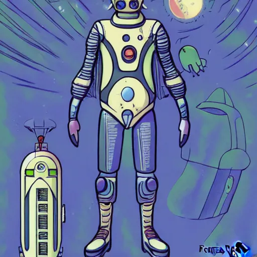 Prompt: a portrait of pilot android symbiotic in spacesuit on field forrest spaceship station landing laying lake artillery outer worlds in FANTASTIC PLANET La planète sauvage animation by René Laloux