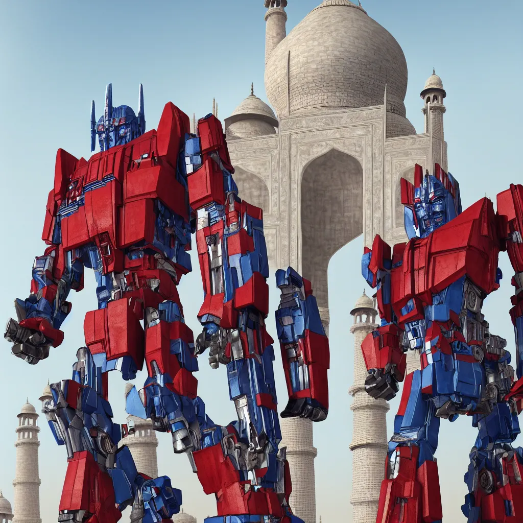 Image similar to optimus prime standing near taj mahal, octane render, volumetric lighting, art by furio tedeschi, hyper detailed