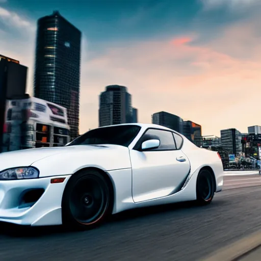 Image similar to still of a toyota supra mk4 on the road in Tokyo, action shot,sunset, CGSociety