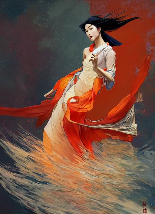 Image similar to mulan, orange spike aura in motion, damaged japanese clothes, floating pieces, painted by art by tsuyoshi nagano, greg rutkowski, artgerm, alphonse mucha, spike painting