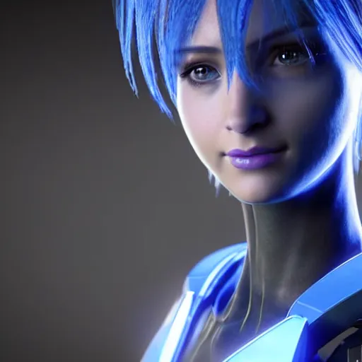 Image similar to cortana from halo, highly detailed, photorealistic portrait, bright studio setting, studio lighting, crisp quality and light reflections, unreal engine 5 quality render