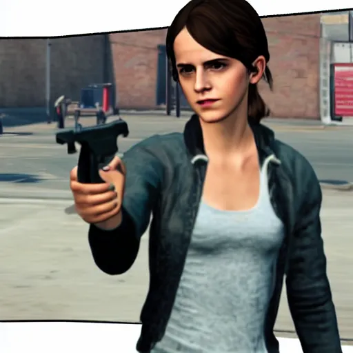 Image similar to Screenshot of Emma Watson holding a pistol in GTA 5