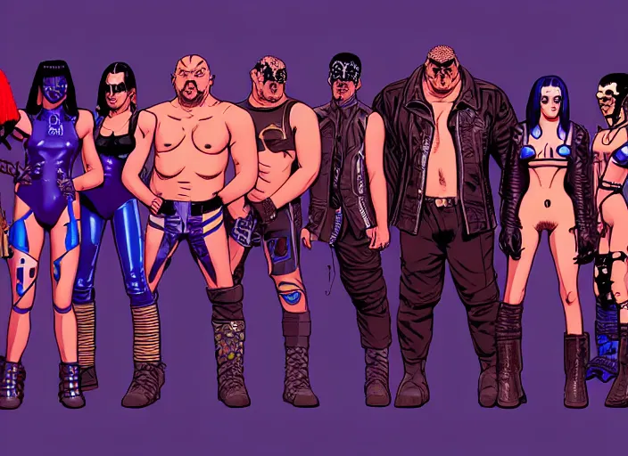 Prompt: cyberpunk wrestling team. portrait by stonehouse and mœbius and will eisner and gil elvgren and pixar. character design. realistic proportions. cyberpunk 2 0 7 7 character art, blade runner 2 0 4 9 concept art. cel shading. attractive face. thick lines. the team. diverse characters. artstationhq.