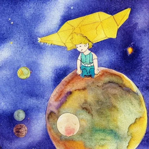 Image similar to the little prince on a little crystal planet floating in space, watercolors by antoine de saint exupery