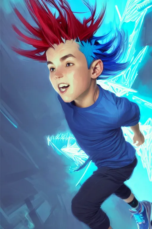 Image similar to clear portrait of adventurous boy with blue hair, slightly spikey hair, red running shoes, fast runner, background hyper detailed, character concept, full body, dynamic pose, glowing lights!! intricate, elegant, highly detailed, digital painting, artstation, concept art, smooth, sharp focus, illustration, art by artgerm and greg rutkowski and alphonse mucha