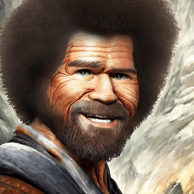 Image similar to bob ross as a main character in mortal kombat, concept, artstation, trending on deviantart, 4 k, very very detailed, realistic face,